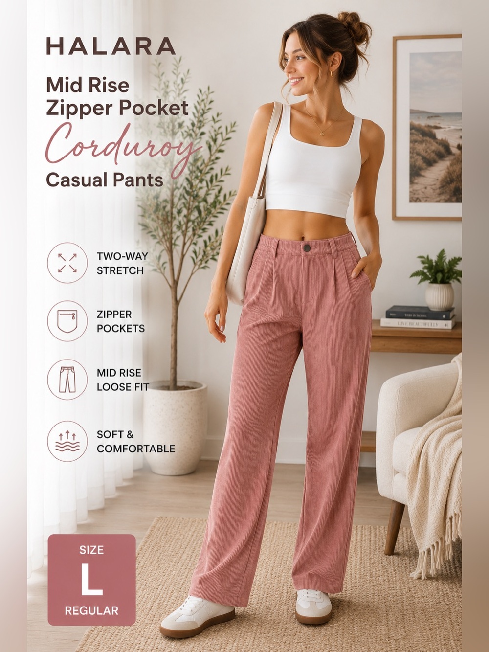 Halara Mid Rise Zipper Pocket Corduroy Casual Pants | Large Regular